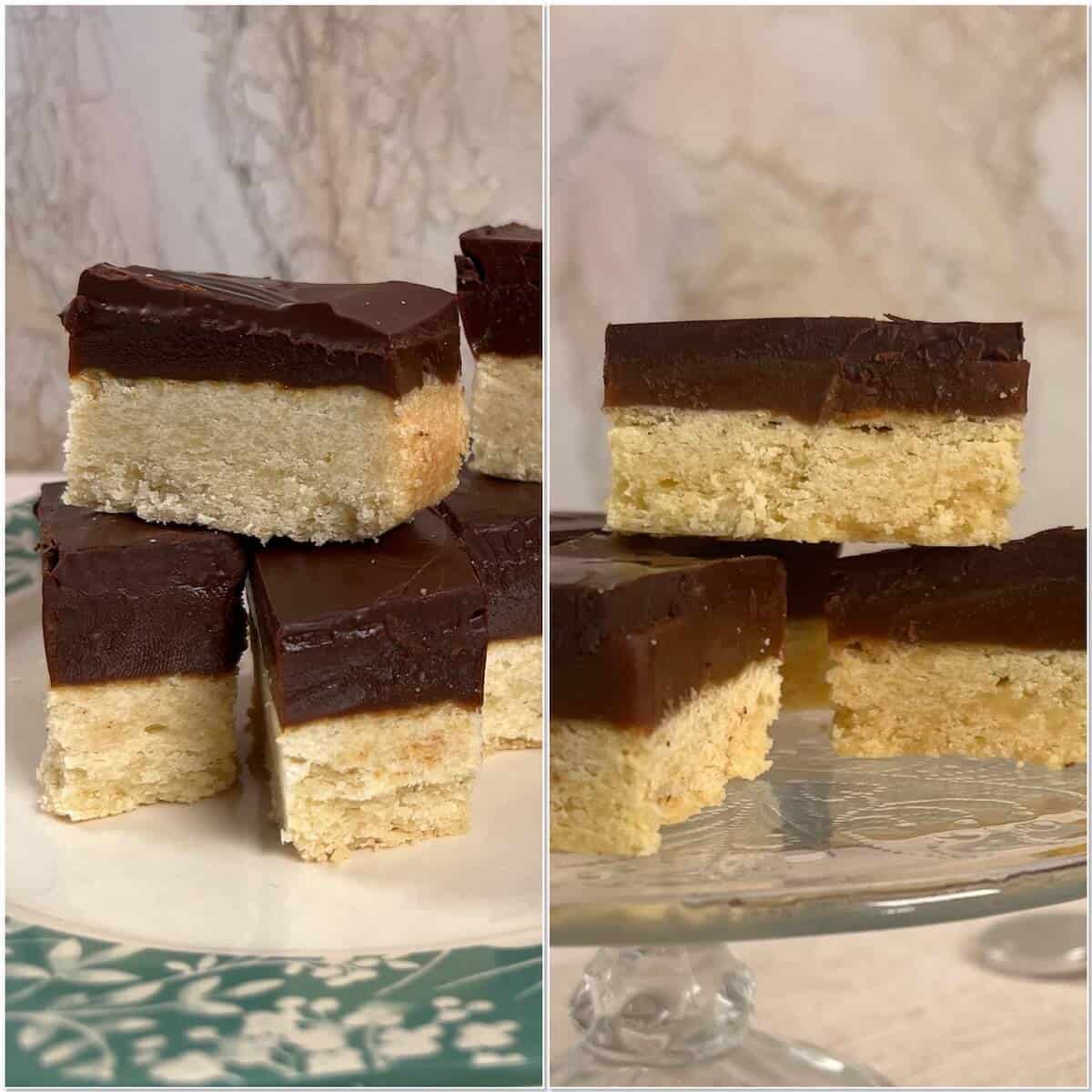 Collage of comparing the heights of the bars made in an 8-inch square vs. 9-inch square baking pans.