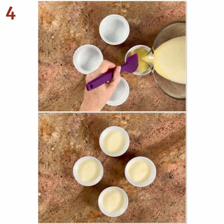 Collage of before and after pouring the custard base into four ramekins.