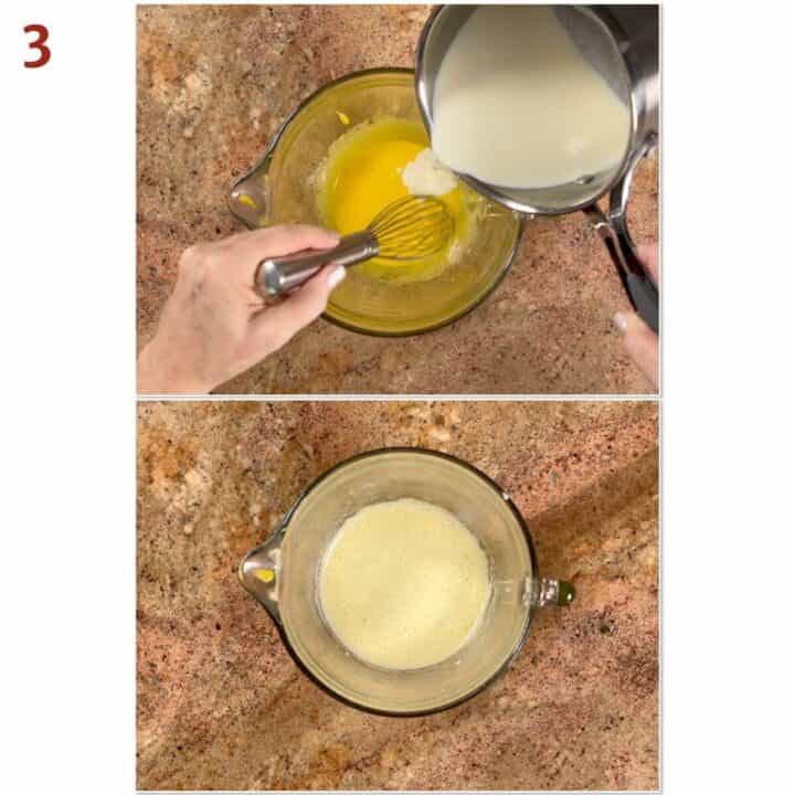 Collage of before and after adding the hot milk mixture into the yolk mixture.
