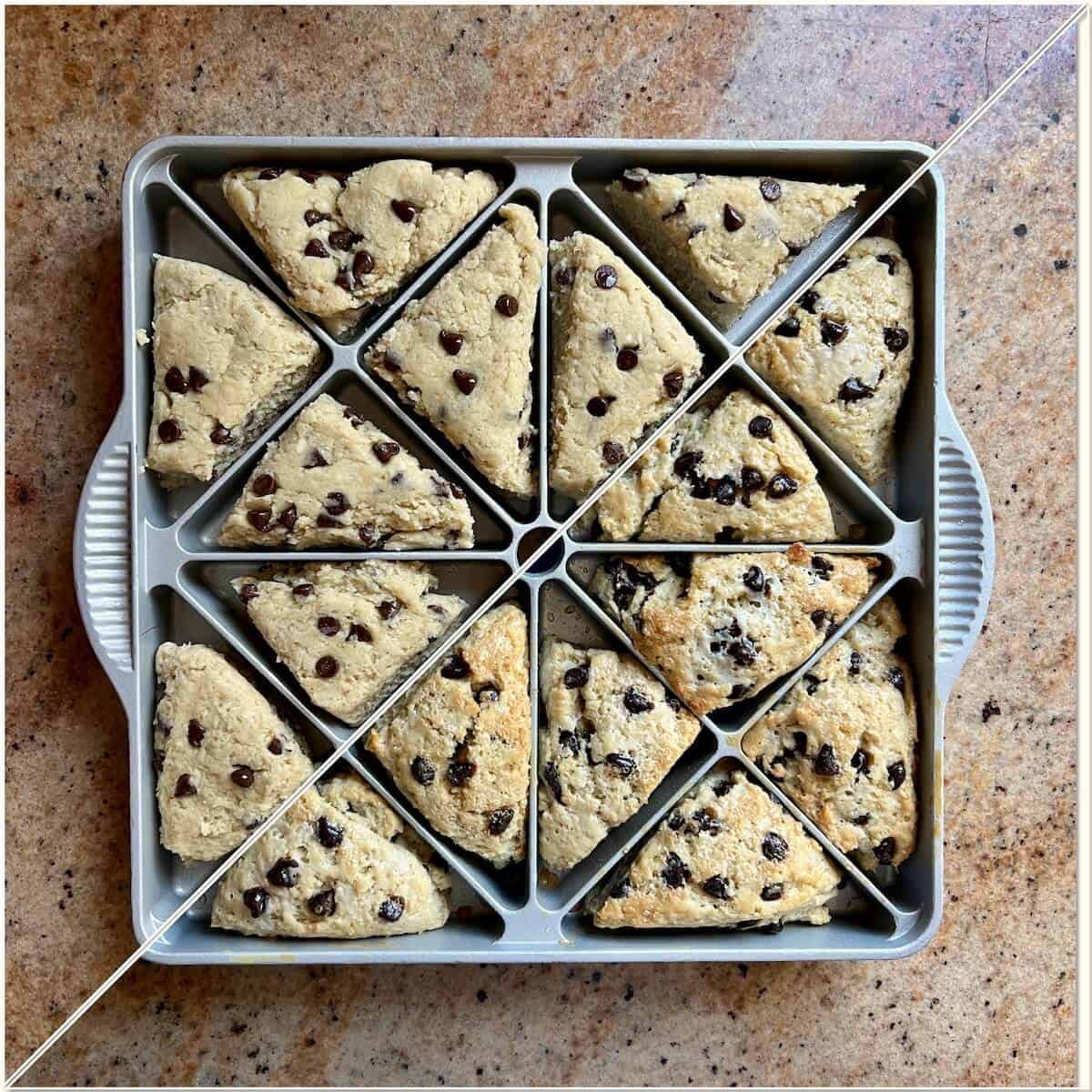 Collage of before and after baking mini cream scones in a scone pan.