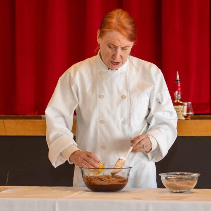 Tammy demonstrating making the batter for bourbon brownies.