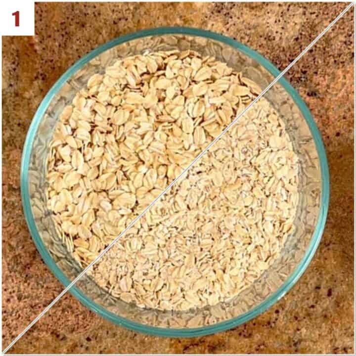 Collage of before and after chopping rolled oats.