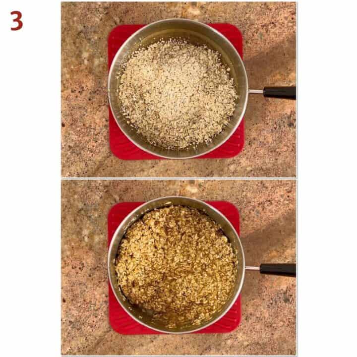 Collage of before and after mixing oats into butter mixture.