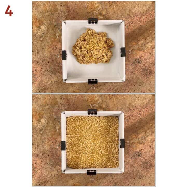Collage of before and after spreading flapjack base in a baking pan.