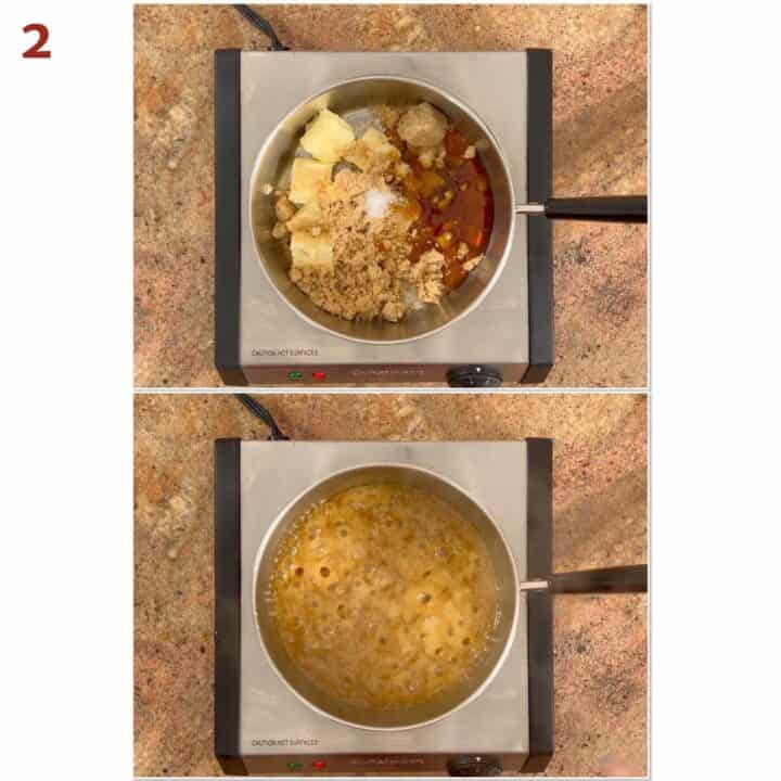 Collage of cooking butter, brown sugar, golden syrup, and salt.