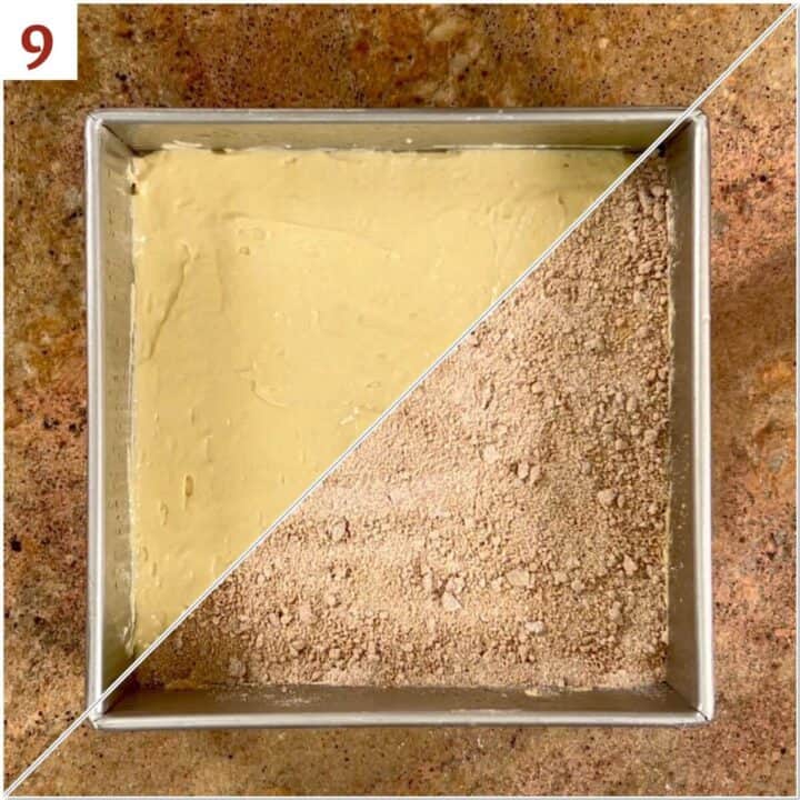Collage of before and after spreading the filling onto the cake batter.
