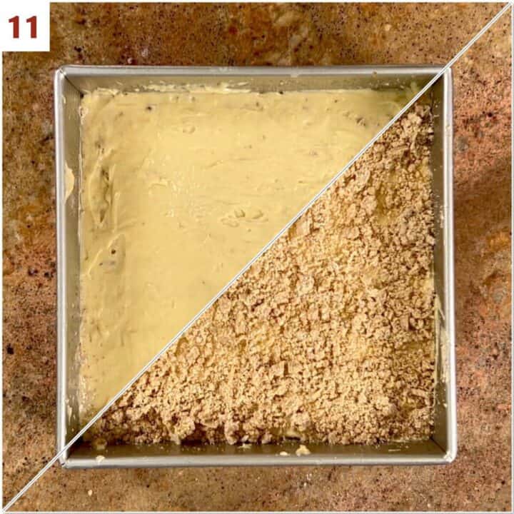 Collage of before and after adding the streusel topping to the cake.