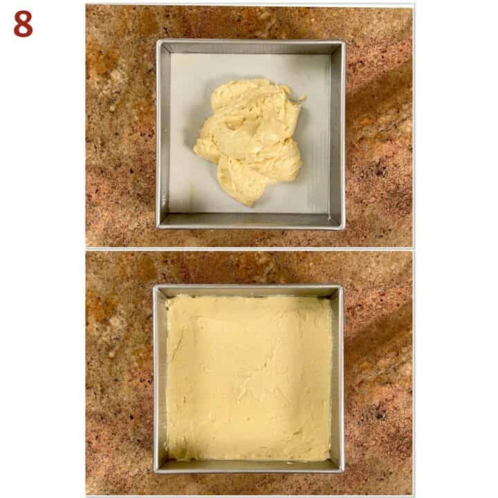 Collage of before and after spreading the cake batter into the baking pan.