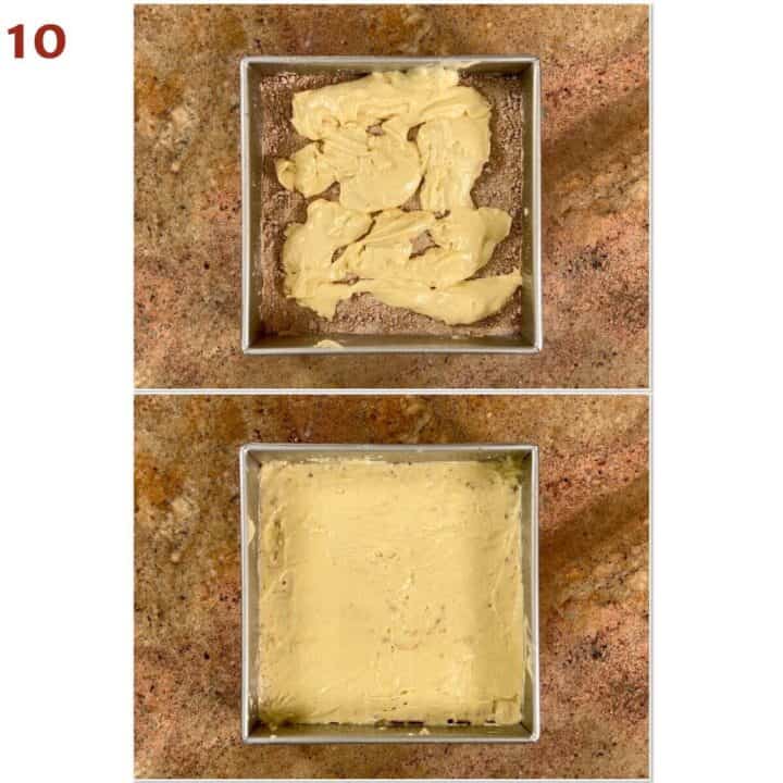 Collage of before and after spreading the batter topping onto the filling.