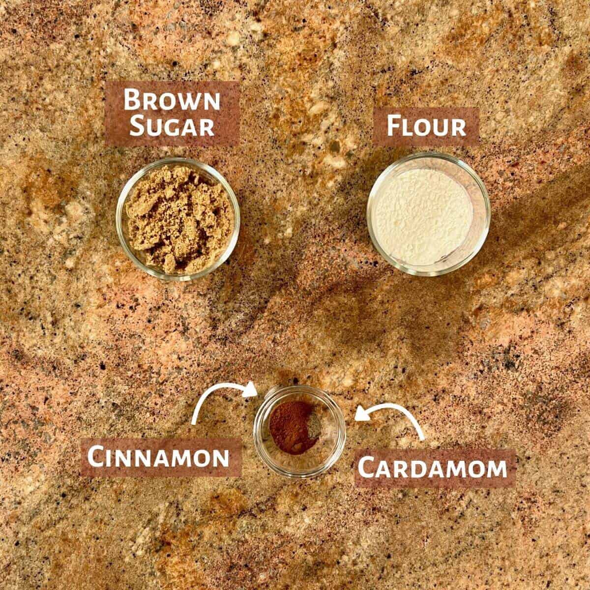 Ingredients for the filling portioned into glass bowls.