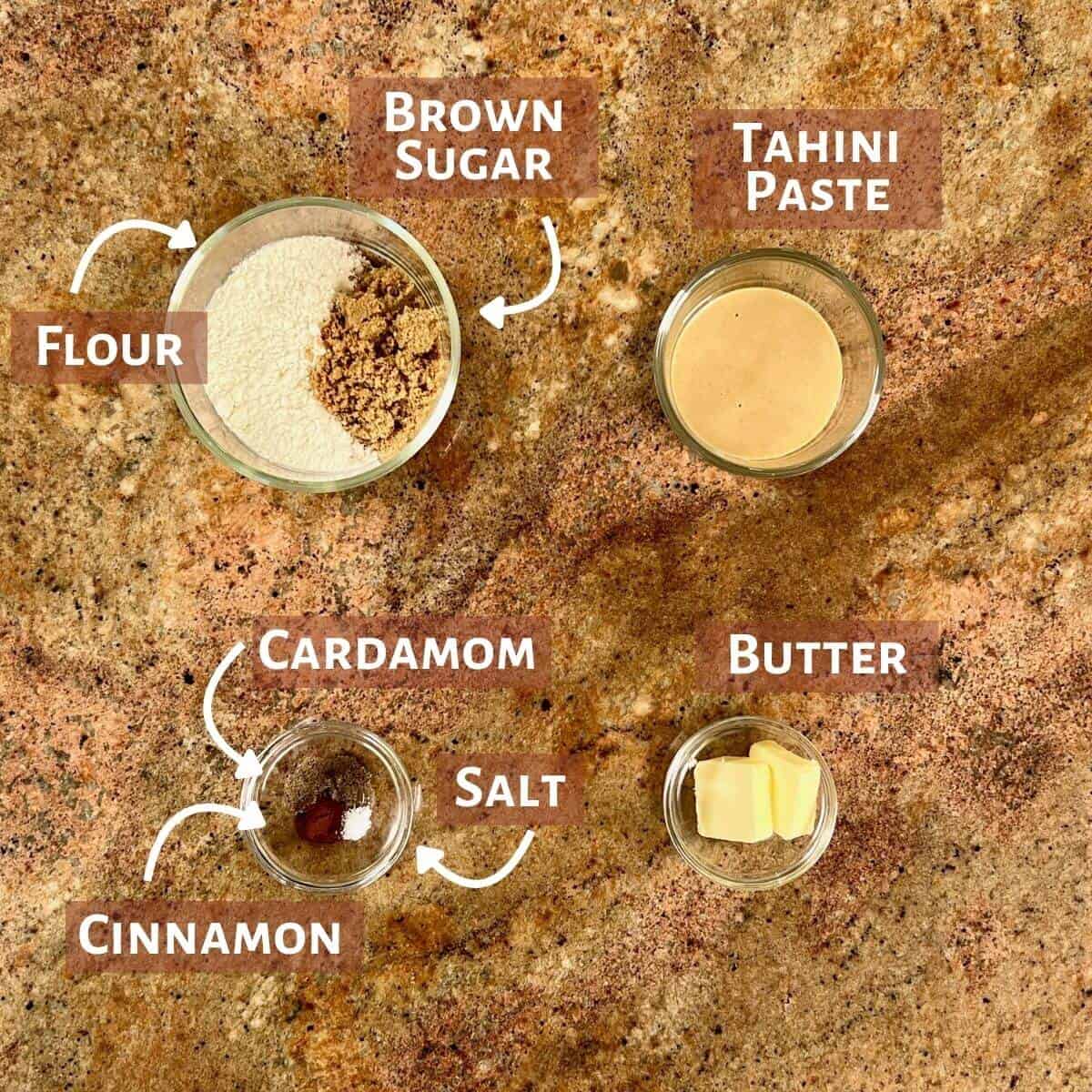 Ingredients for the streusel portioned into glass bowls.