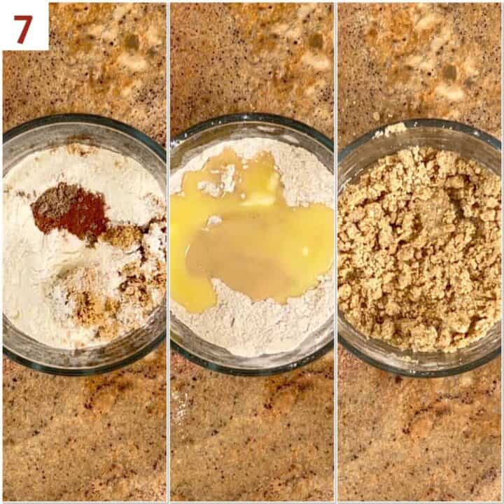 Collage of mixing the ingredients to make the streusel.