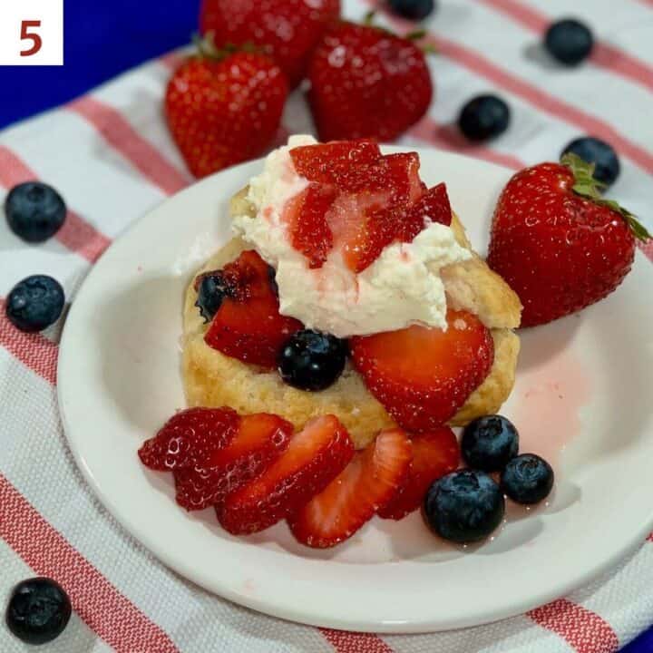 Strawberry Blueberry Shortcake plated on red striped towel.