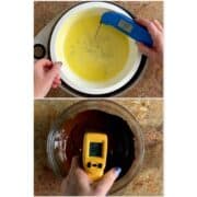 Collage of checking temperatures using a digital thermometer for custard and an IR gun for tempered chocolate.