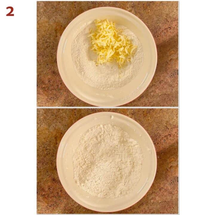 Collage of before and after cutting shredded butter into flour mixture.