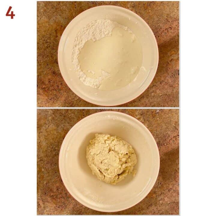 Collage of before and after adding cream mixture to flour mixture.