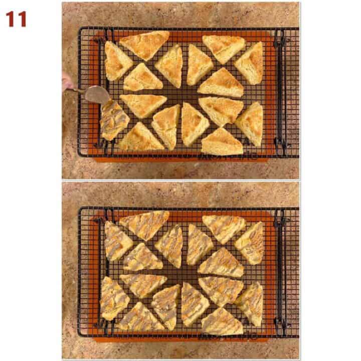 Collage of before and after drizzling icing onto scones on a cooling rack.