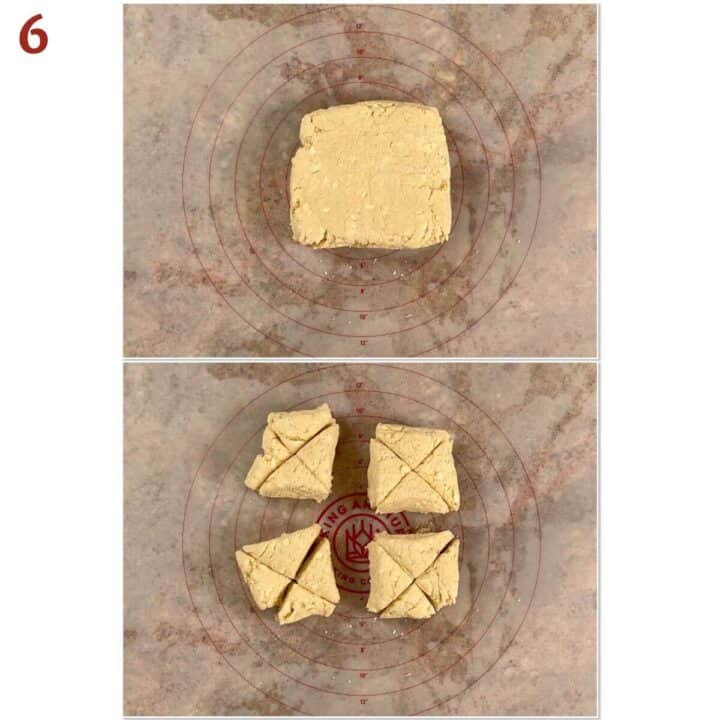 Collage of cutting a square of scone dough into 16 triangles.
