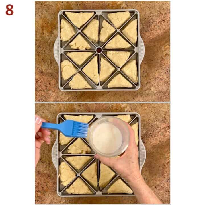 Collage of scone dough in a mini scone pan before and after brushing on milk.