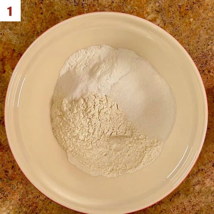 Flour, sugar, baking powder, and salt in a large bowl.