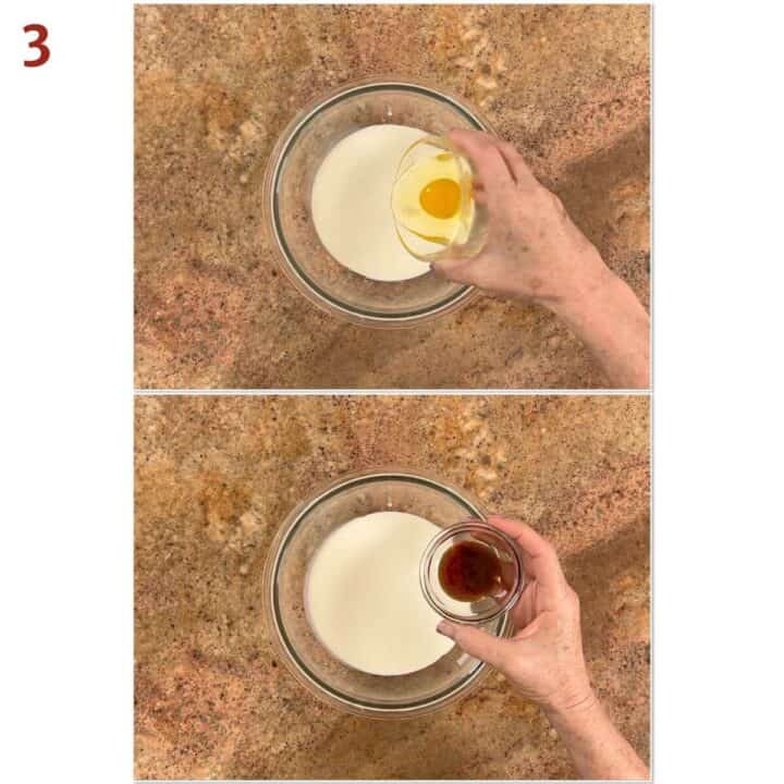 Collage of adding egg and vanilla bean paste to heavy cream.