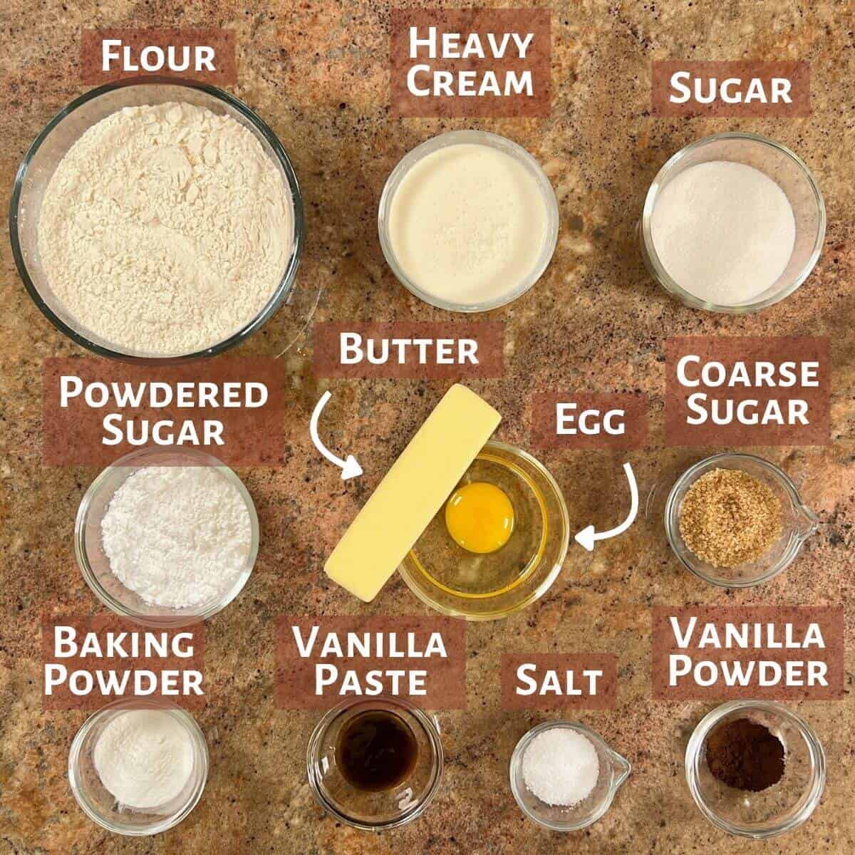 Ingredients for Vanilla Bean Scones portioned into glass bowls.