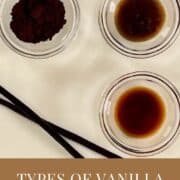 Vanilla bean powder, vanilla bean paste, vanilla extract, and 2 whole vanilla beans on a white plate Pinterest banner.