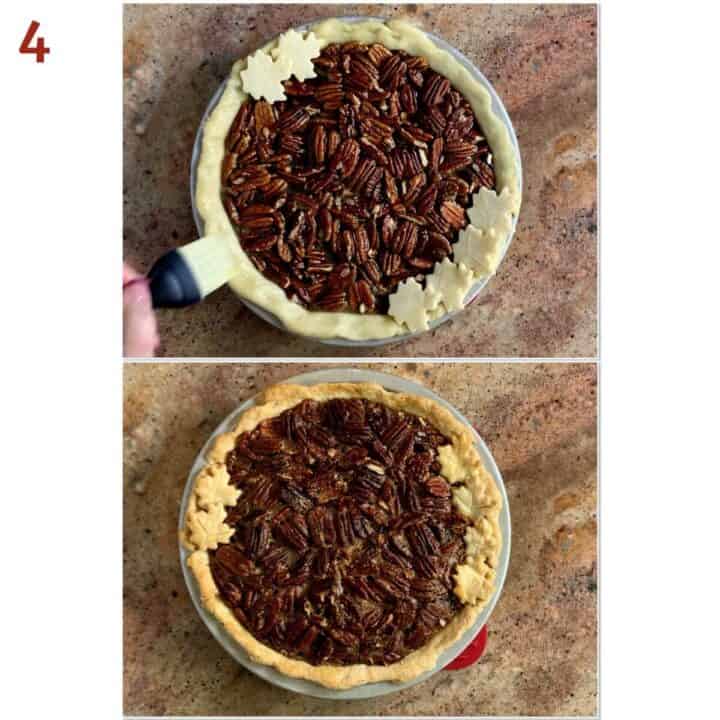 Collage of pecan pie before & after baking.