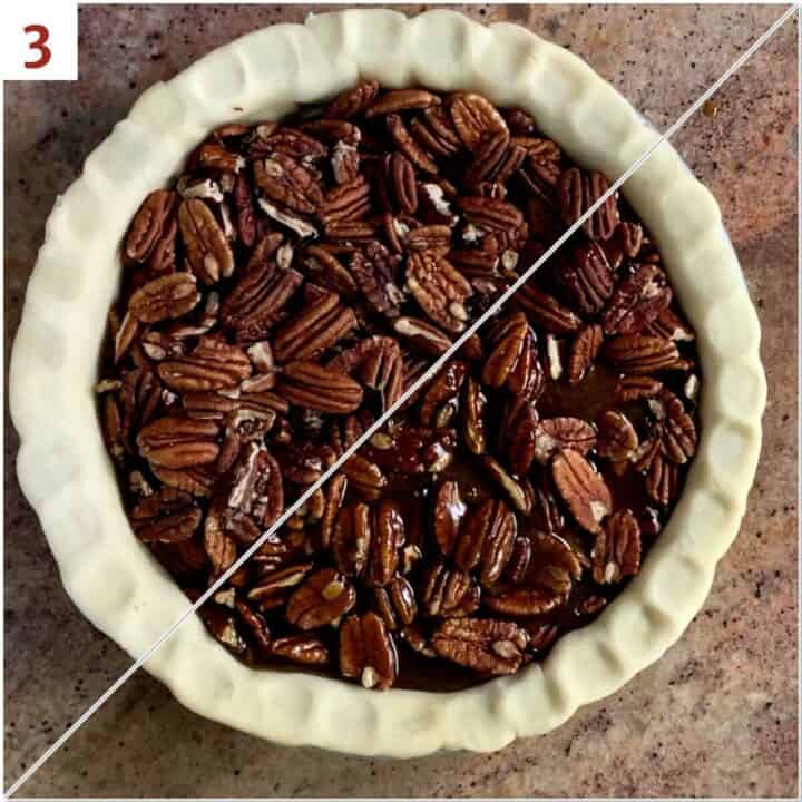 Collage of pecan pie before & after pouring filling over pecans in the pie shell.