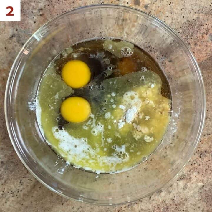 Dark brown sugar, maple syrup, bourbon, melted butter, eggs, flour, vanilla extract, and salt in a glass bowl.