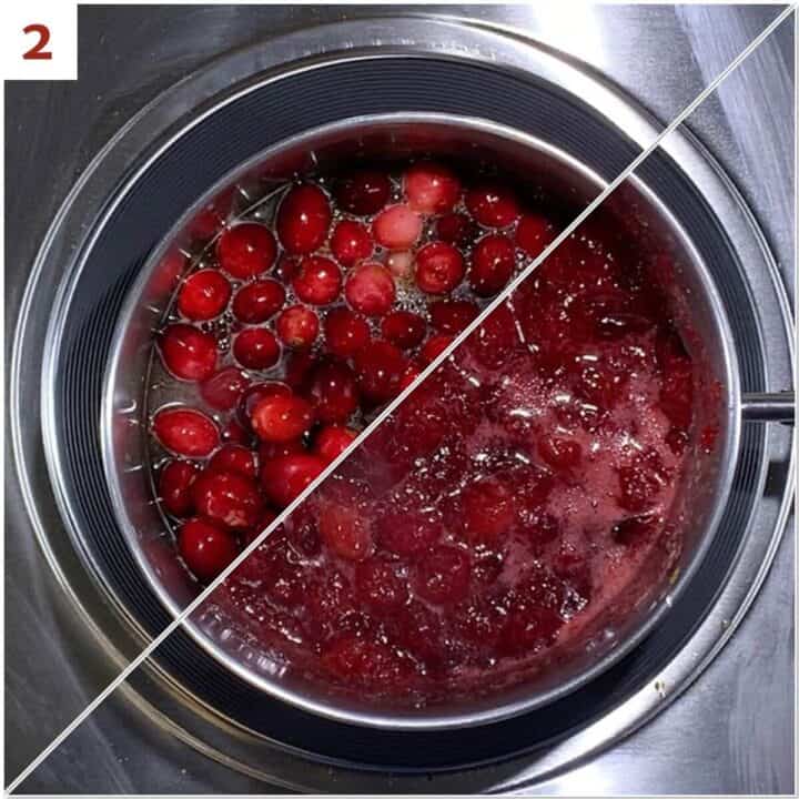 Collage of before and after cooking the whole cranberries.